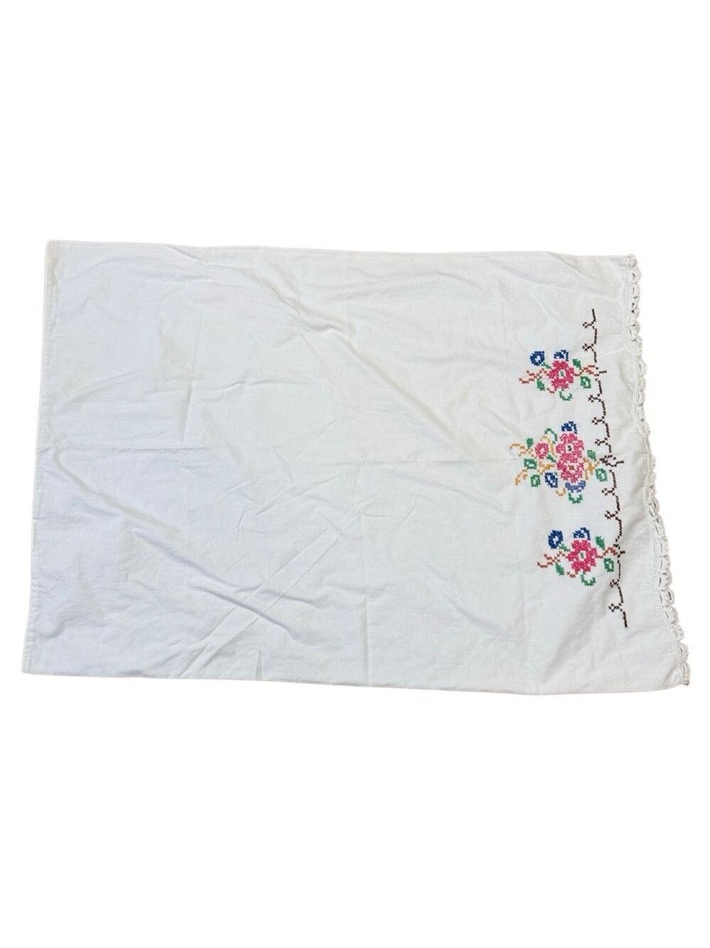 70s Vintage White Floral Embroidered Standard Pillowcase